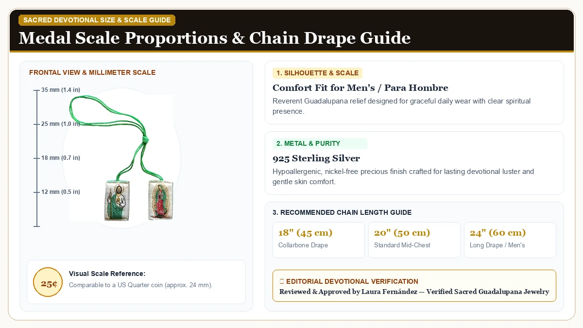 Size and millimeter scale measurement infographic: Angelitos de Mexico Scapular De Saint Jude con la Our Lady of Gua in 925 Sterling Silver with chain drape guide