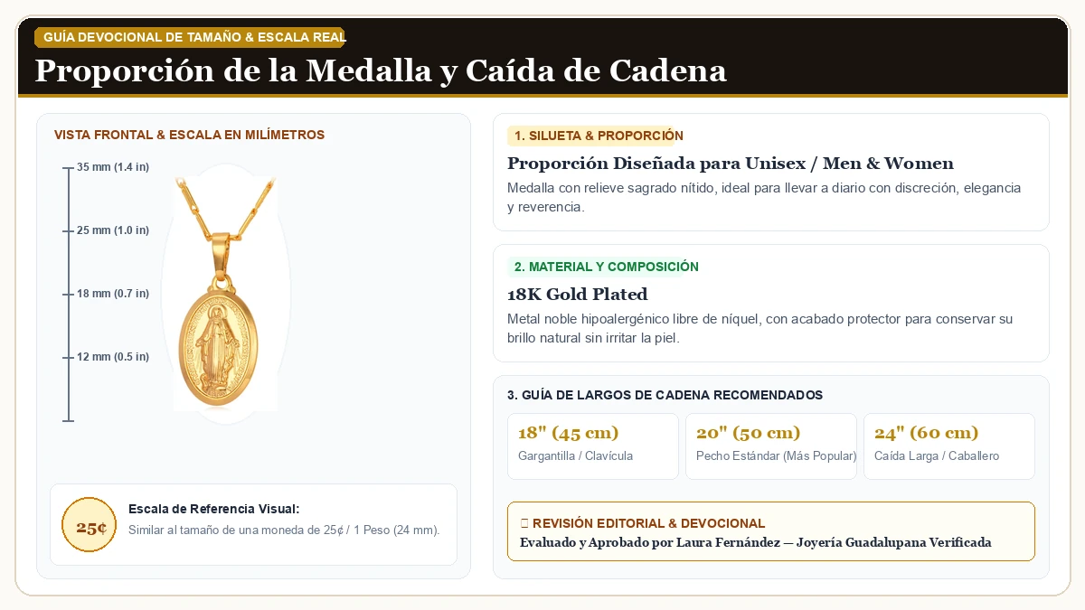 Infografía de escala y medidas en milímetros: U7 Virgen María Collar para Dama,18K Oro Plated/de Ley Plata Oval en Chapa de Oro de 18K Reluciente con guía de tamaño y largo de cadena