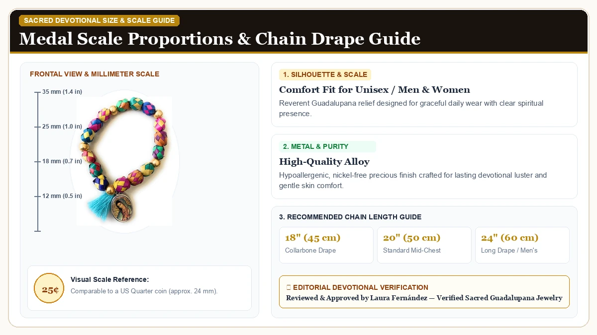 Size and millimeter scale measurement infographic: Made in Mexico Our Lady of Guadalupe colored palm Bracelet with p in Hypoallergenic Metal Alloy with chain drape guide