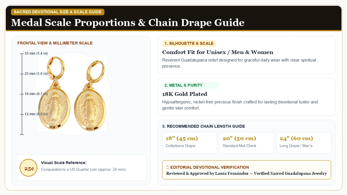 Size and millimeter scale measurement infographic: 18K Gold Plated Virgin Mary Pendant Necklace Earring Set Religiou in 18K Gold Plated with chain drape guide