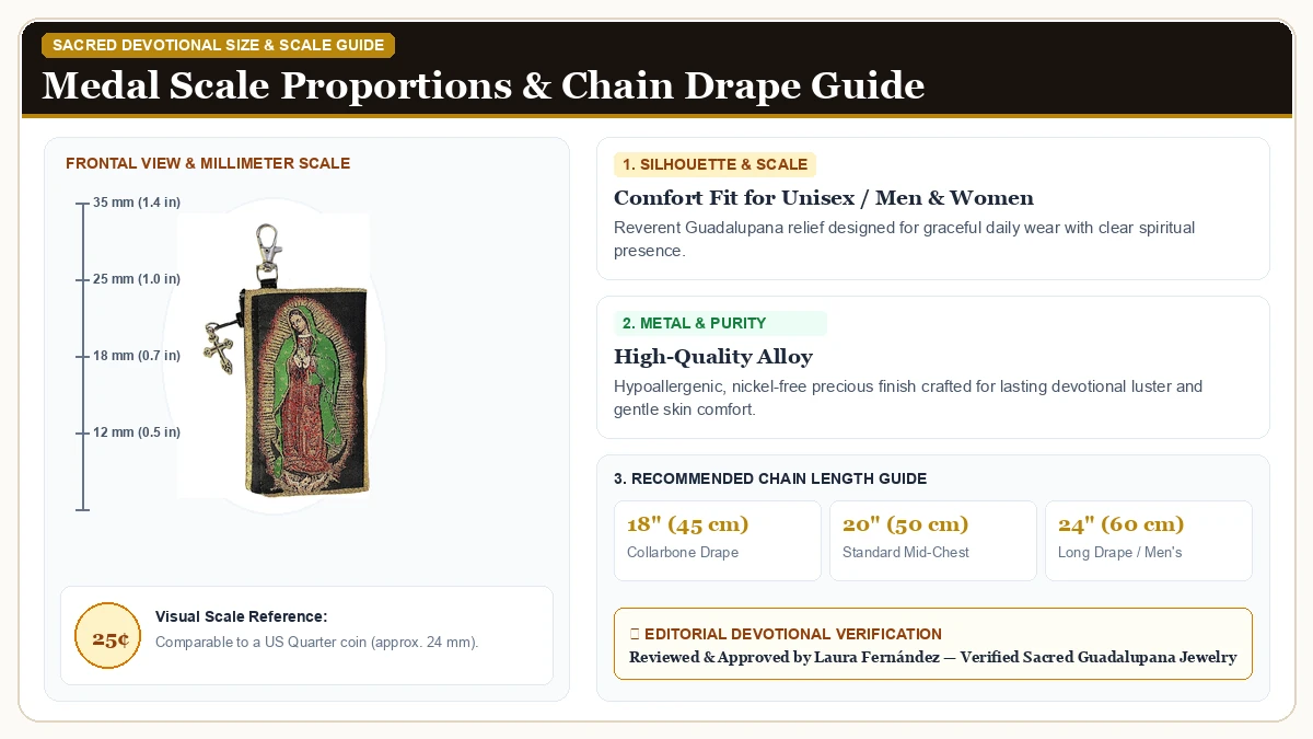 Size and millimeter scale measurement infographic: Religious Gifts Our Lady Of Guadalupe Tapestry Keepsake Rosary Ic in Hypoallergenic Metal Alloy with chain drape guide
