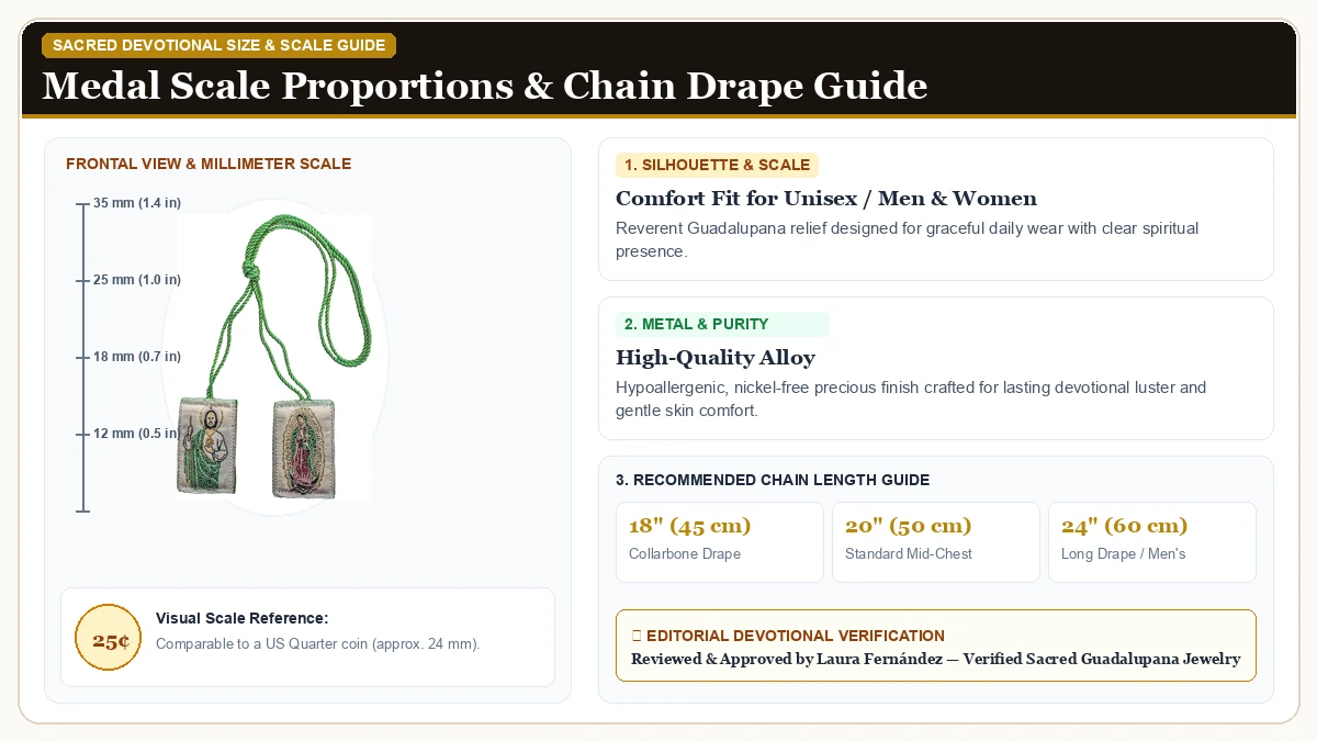 Size and millimeter scale measurement infographic: Scapular in Hypoallergenic Metal Alloy with chain drape guide