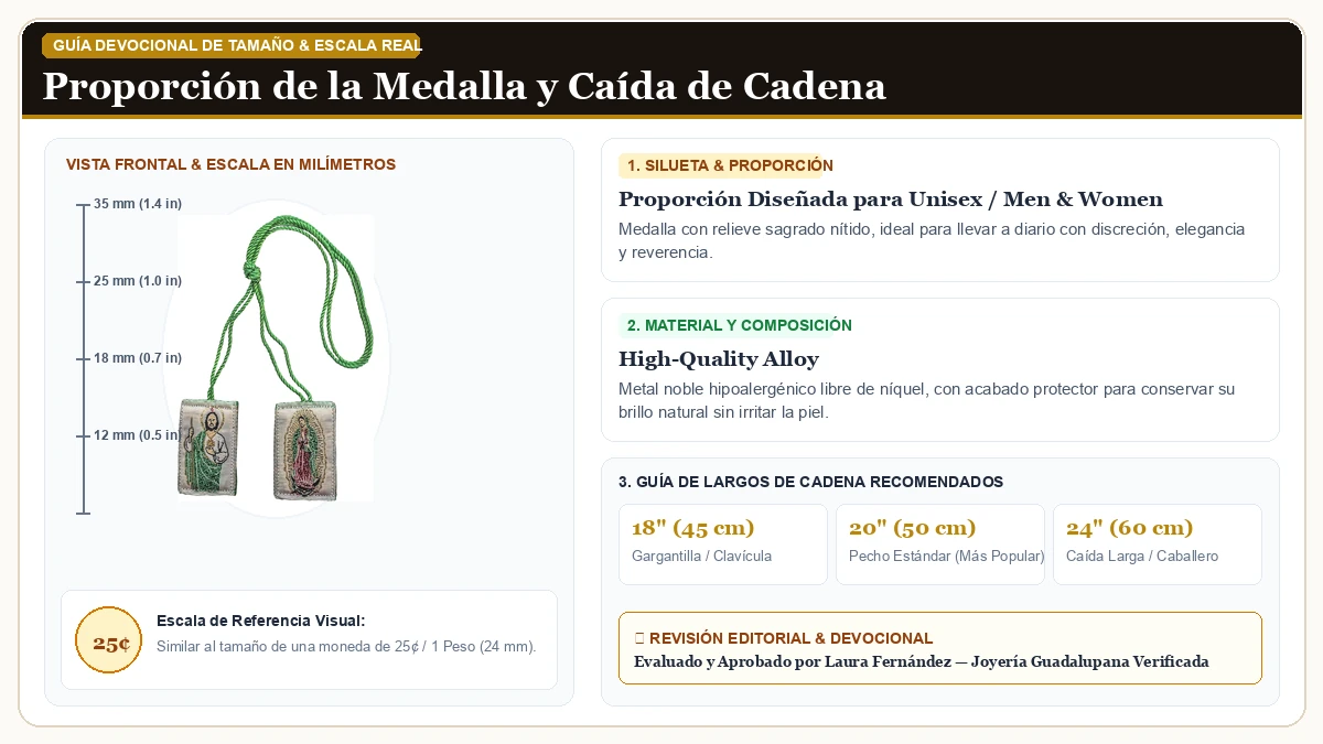 Infografía de escala y medidas en milímetros: Escapulario en Aleación Metálica Resistente Libre de Níquel con guía de tamaño y largo de cadena
