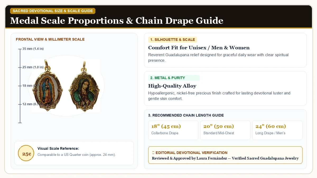 Size and millimeter scale measurement infographic: San Rafael Arcangel Our Lady of Guadalupe Medal Bundle (Gold in Hypoallergenic Metal Alloy with chain drape guide