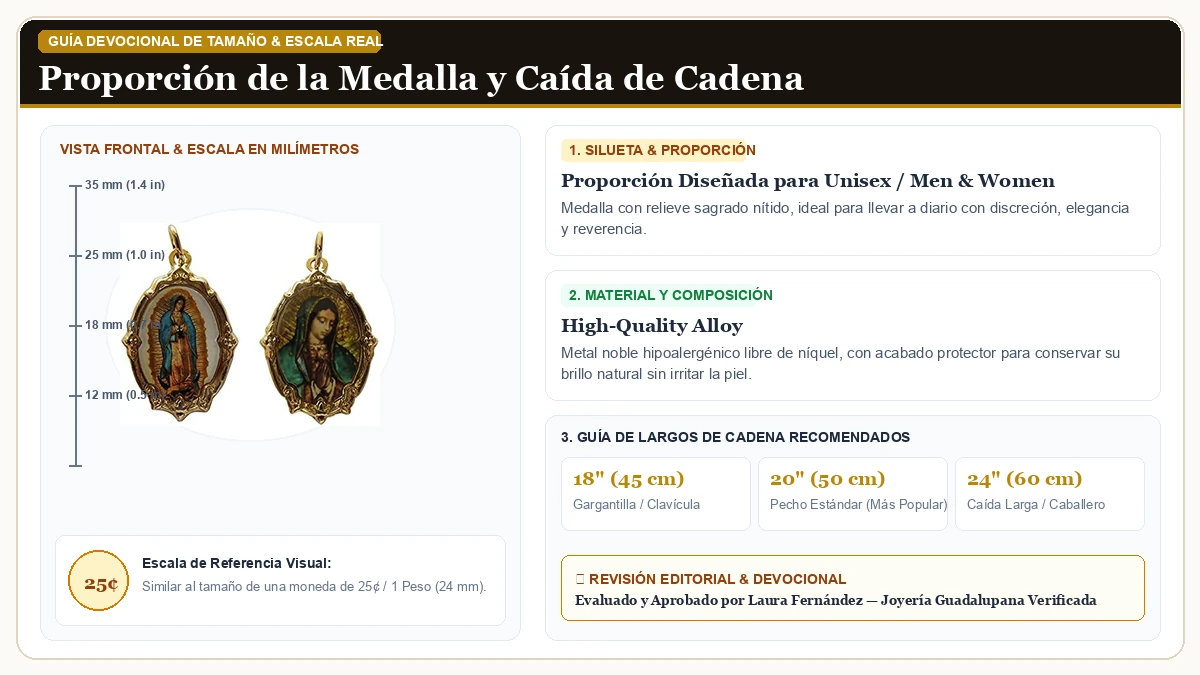 Infografía de escala y medidas en milímetros: San Rafael Arcangel Virgen De Guadalupe Medalla Bundle (Oro en Aleación Metálica Resistente Libre de Níquel con guía de tamaño y largo de cadena