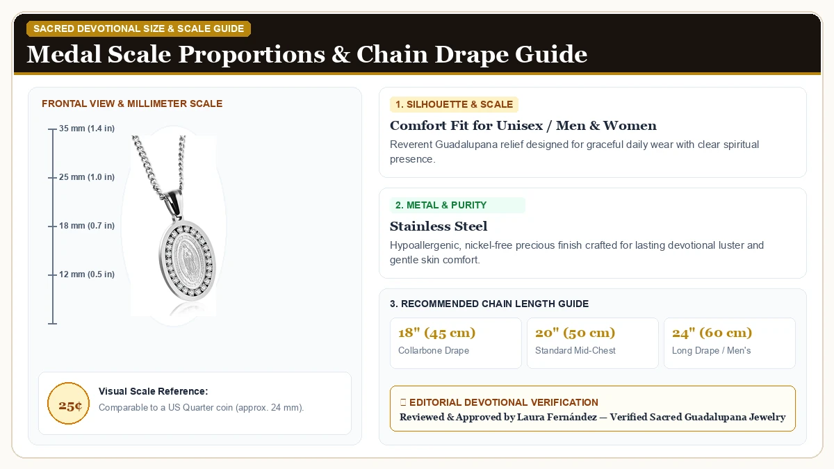 Size and millimeter scale measurement infographic: TEMICO Stainless Steel Cubic Zirconia Our Lady of Guadalupe Virgi in 316L Stainless Steel with chain drape guide