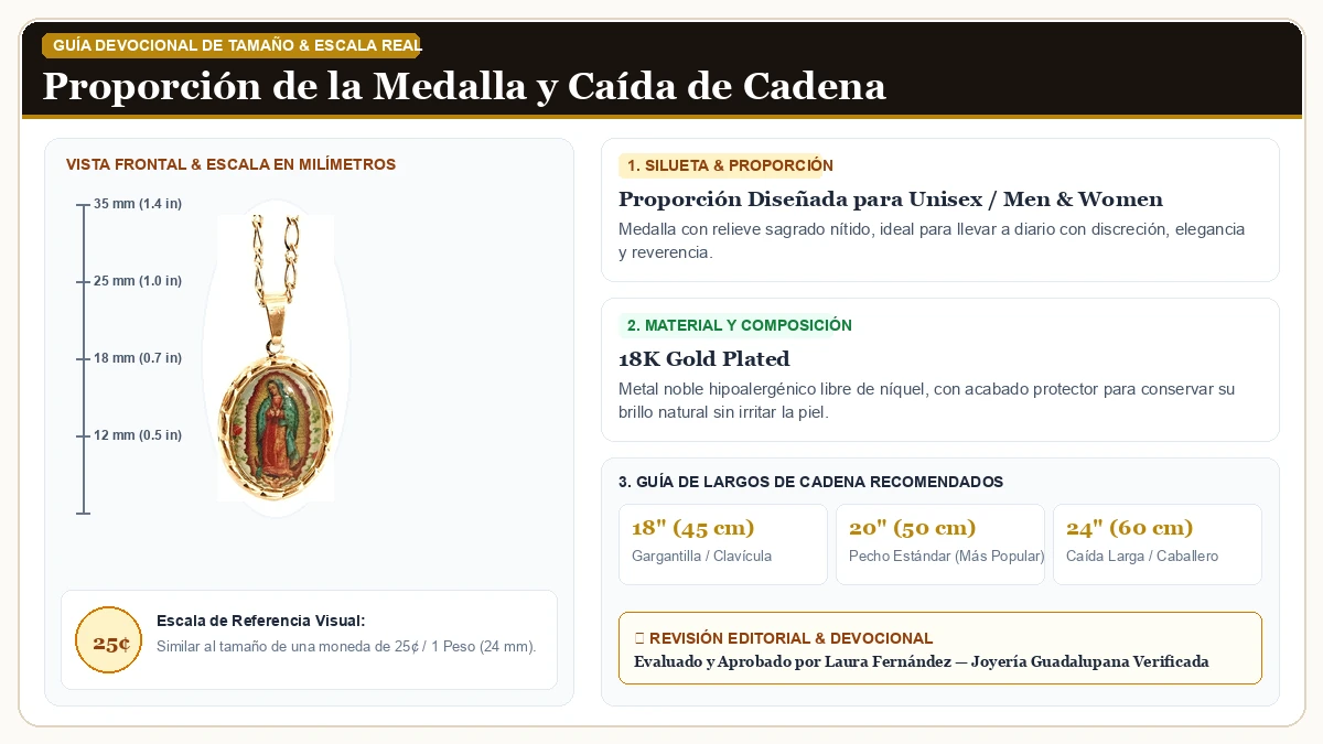 Infografía de escala y medidas en milímetros: LESLIE BOULES Virgen de Guadalupe Medalla Collar para Dama 18K Or en Chapa de Oro de 18K Reluciente con guía de tamaño y largo de cadena