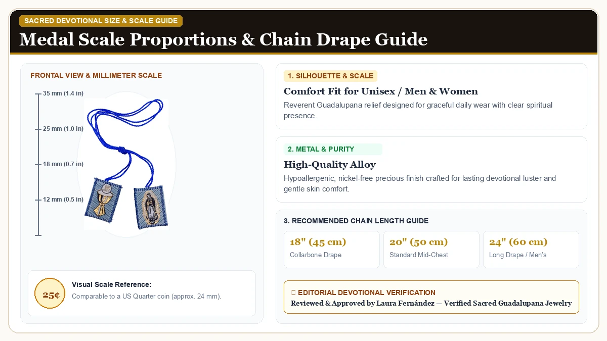 Size and millimeter scale measurement infographic: VILLAGE GIFT IMPORTERS Escapularios Catolicos La Our Lady of Guad in Hypoallergenic Metal Alloy with chain drape guide
