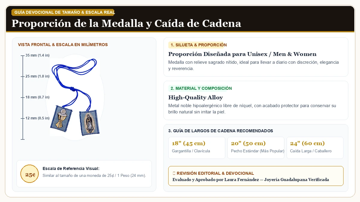 Infografía de escala y medidas en milímetros: VILLAGE Regalo IMPORTERS Escapularios Catolicos La Virgen De Guad en Aleación Metálica Resistente Libre de Níquel con guía de tamaño y largo de cadena