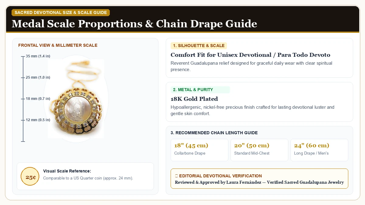 Size and millimeter scale measurement infographic: LESLIE BOULES Our Lady of Guadalupe Medal 18K Gold Plated Chain R in 18K Gold Plated with chain drape guide
