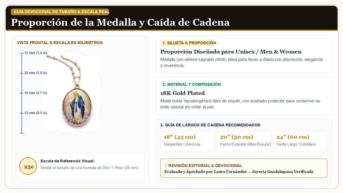 Infografía de escala y medidas en milímetros: LESLIE BOULES Virgen La Milagrosa Medalla Colgante Collar 18K Oro en Chapa de Oro de 18K Reluciente con guía de tamaño y largo de cadena