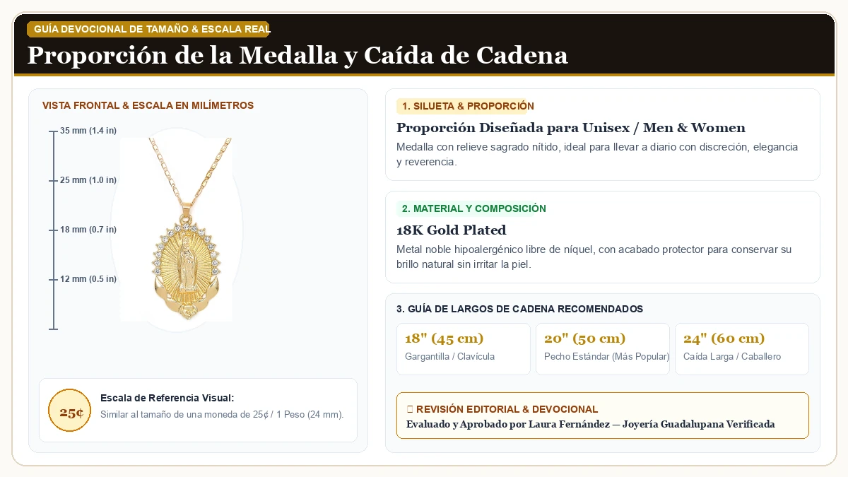 Infografía de escala y medidas en milímetros: 18K Oro Plated Virgen María Medalla Colgante Collar Crystal Rhine en Chapa de Oro de 18K Reluciente con guía de tamaño y largo de cadena