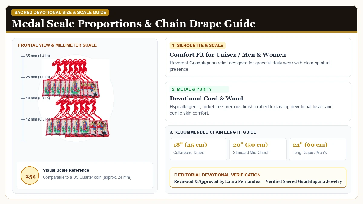 Size and millimeter scale measurement infographic: Bulk Catholic Scapulars with Saint Michael and Our Lady of Guadal in Devotional Cord & Wood with chain drape guide
