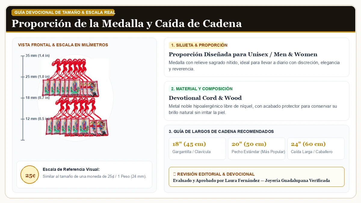Infografía de escala y medidas en milímetros: Bulk Católico Scapulars con Saint Michael y Virgen de Guadalupe,  en Cordón Devocional y Madera Sagrada con guía de tamaño y largo de cadena