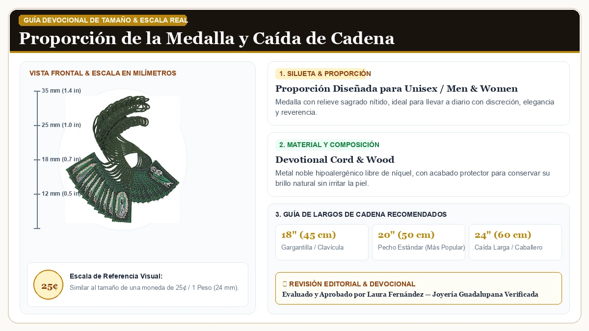 Infografía de escala y medidas en milímetros: Needzo Bulk San Judas Tadeo y Virgen de Guadalupe Green Nylon Esc en Cordón Devocional y Madera Sagrada con guía de tamaño y largo de cadena