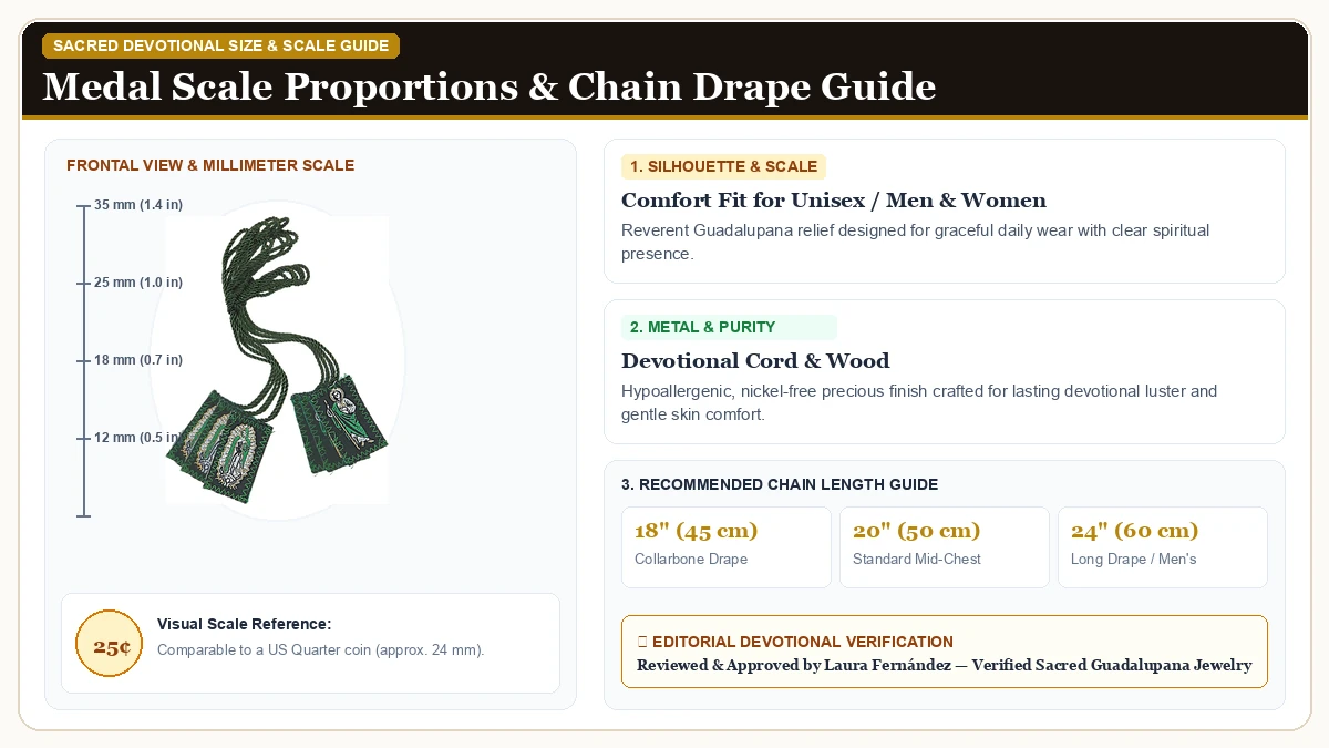 Size and millimeter scale measurement infographic: Needzo Saint Jude and Our Lady of Guadalupe Green Nylon Scapular, in Devotional Cord & Wood with chain drape guide