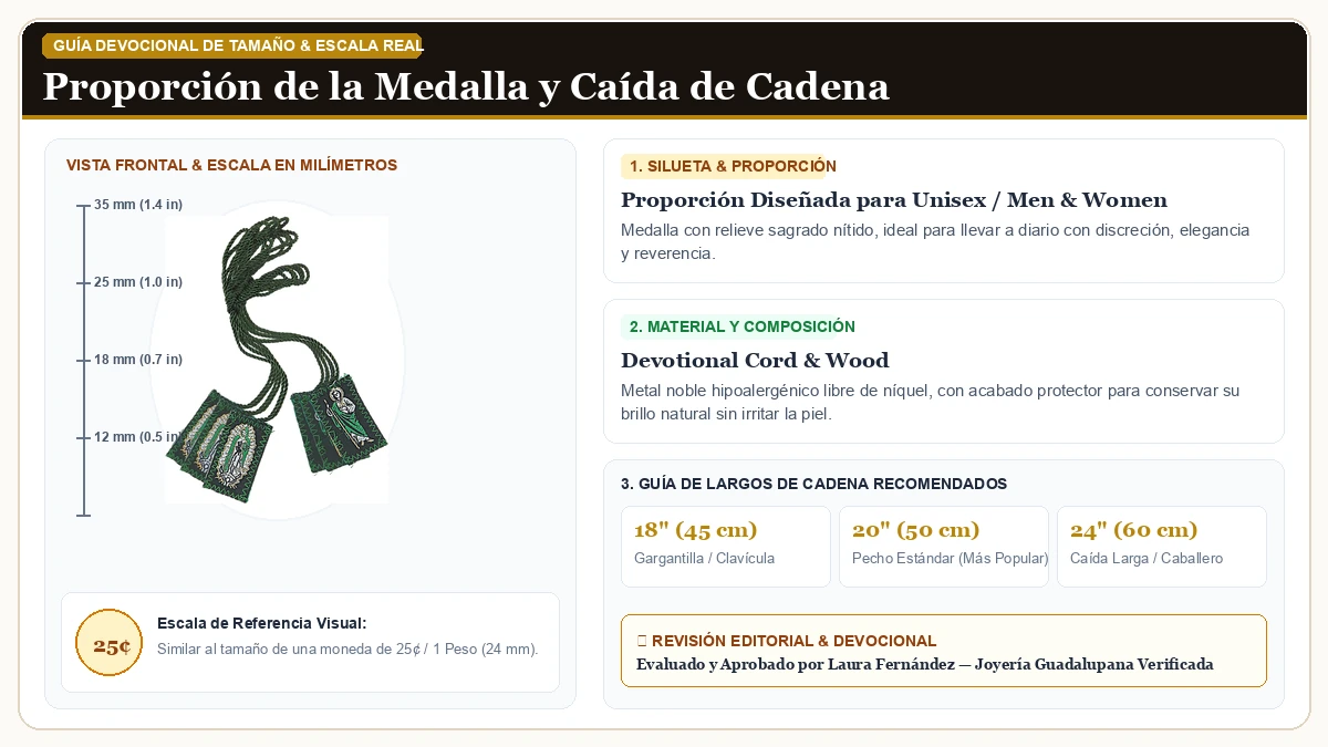Infografía de escala y medidas en milímetros: Needzo San Judas Tadeo y Virgen de Guadalupe Green Nylon Escapula en Cordón Devocional y Madera Sagrada con guía de tamaño y largo de cadena