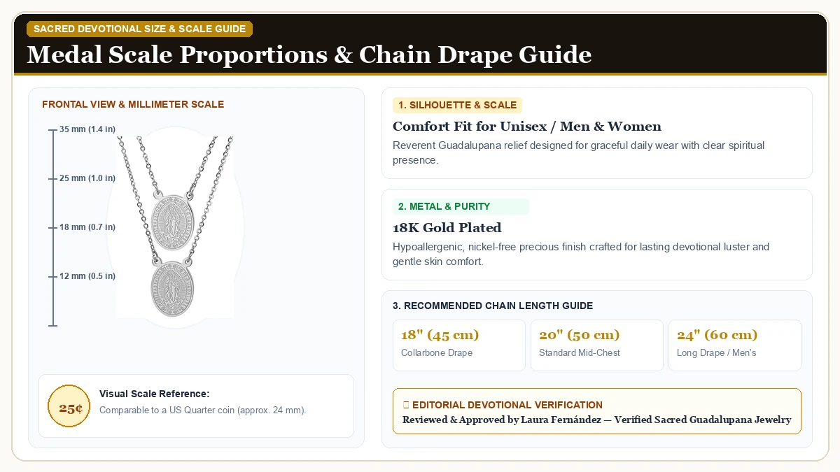 Size and millimeter scale measurement infographic: Steeltime Stainless Steel Virgin Mary Guadalupe Scapular in 18K Gold Plated with chain drape guide