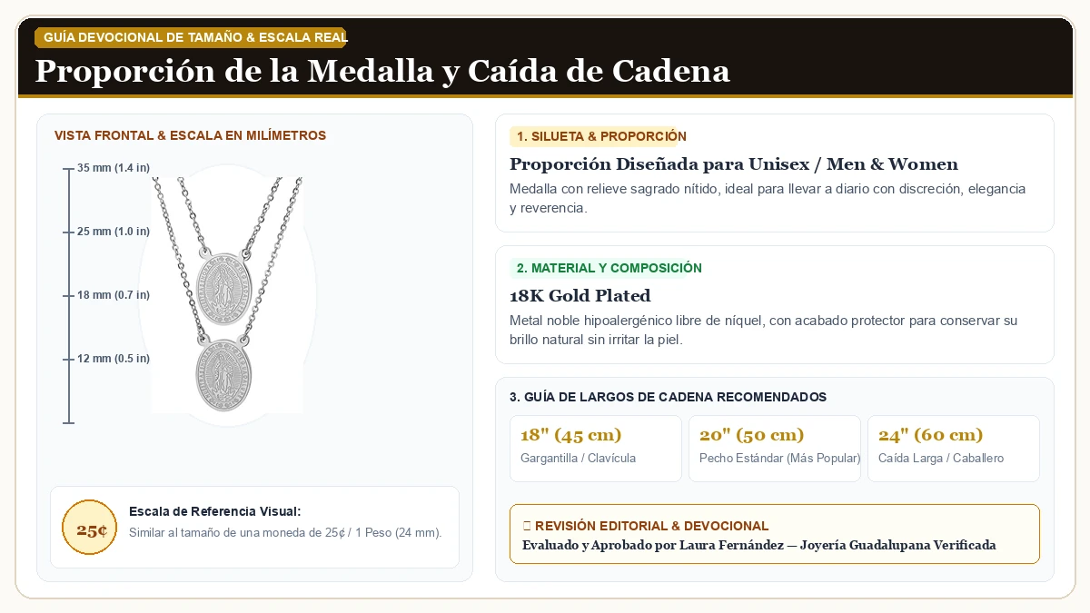 Infografía de escala y medidas en milímetros: Steeltime Stainless Steel Virgen María Guadalupe Escapulario en Chapa de Oro de 18K Reluciente con guía de tamaño y largo de cadena
