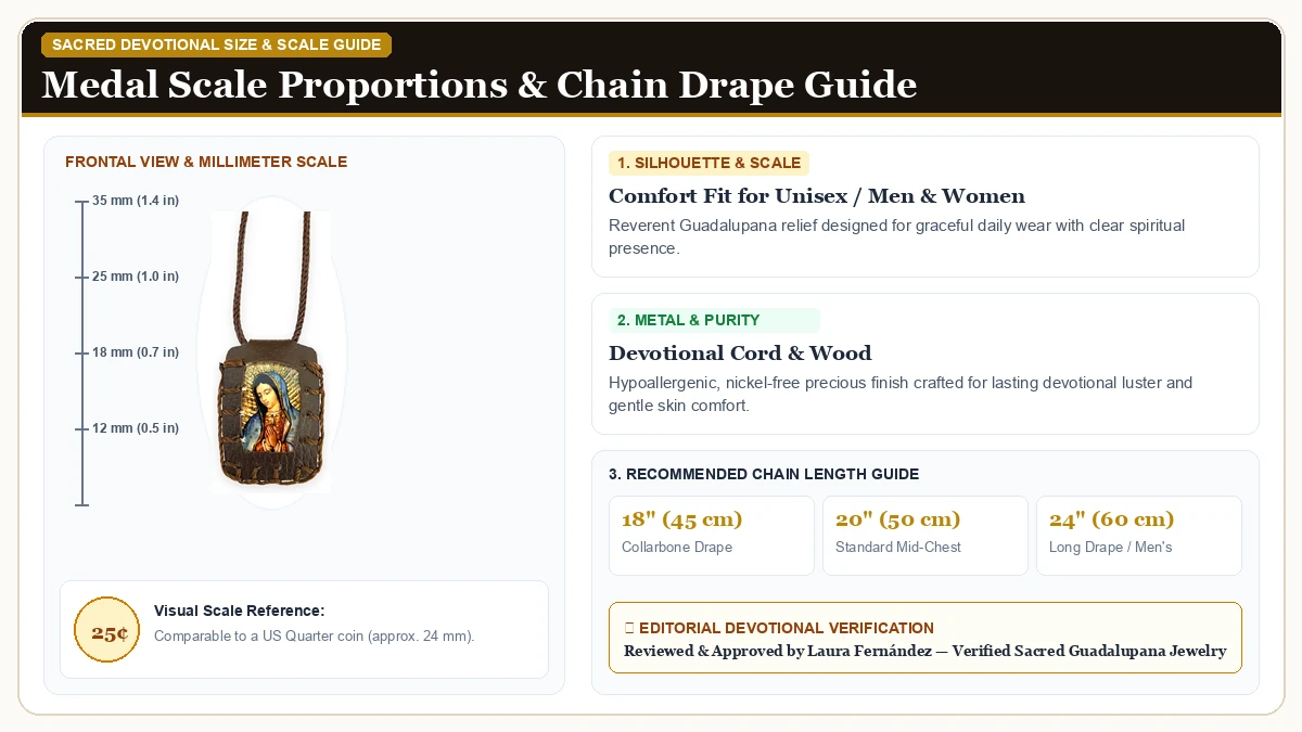 Size and millimeter scale measurement infographic: Gigi's Classy Kids Our Lady of Guadalupe Brown Scapular Necklace  in Devotional Cord & Wood with chain drape guide
