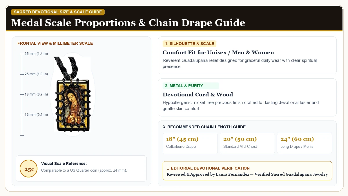 Size and millimeter scale measurement infographic: Gigi's Classy Kids Our Lady of Guadalupe Black Wood Wooden Scapul in Devotional Cord & Wood with chain drape guide