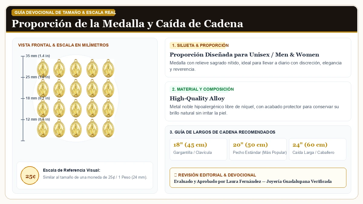 Infografía de escala y medidas en milímetros: 60Pcs Oval Medalla Milagrosa de La Virgen Maria Charms Alloy Virg en Aleación Metálica Resistente Libre de Níquel con guía de tamaño y largo de cadena