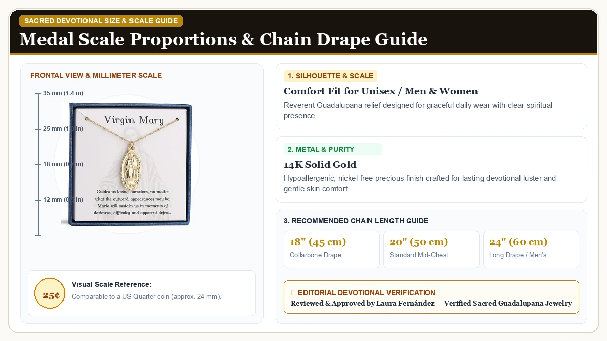 Size and millimeter scale measurement infographic: Ascona Catholic First Communion/Confirmation Gifts for Women Teen in 14K Solid Gold with chain drape guide