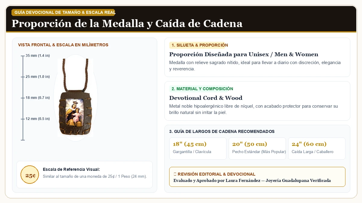 Infografía de escala y medidas en milímetros: Our Lady of Mount Carmel Virgen de Guadalupe Virgen María Brown E en Cordón Devocional y Madera Sagrada con guía de tamaño y largo de cadena