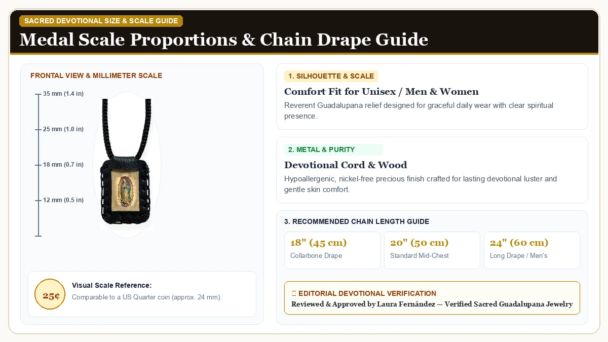 Size and millimeter scale measurement infographic: Our Lady of Guadalupe Black Scapular Necklace Scapular Negro Neck in Devotional Cord & Wood with chain drape guide
