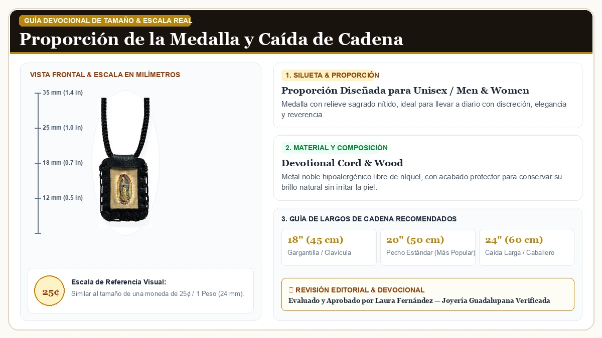 Infografía de escala y medidas en milímetros: Virgen de Guadalupe Black Escapulario Collar Escapulario Negro Co en Cordón Devocional y Madera Sagrada con guía de tamaño y largo de cadena