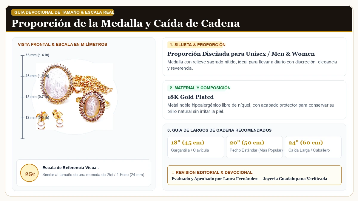 Infografía de escala y medidas en milímetros: Virgen de Guadalupe Mother's Day 3 Pcs Regalo Collar, Aretes, y A en Chapa de Oro de 18K Reluciente con guía de tamaño y largo de cadena