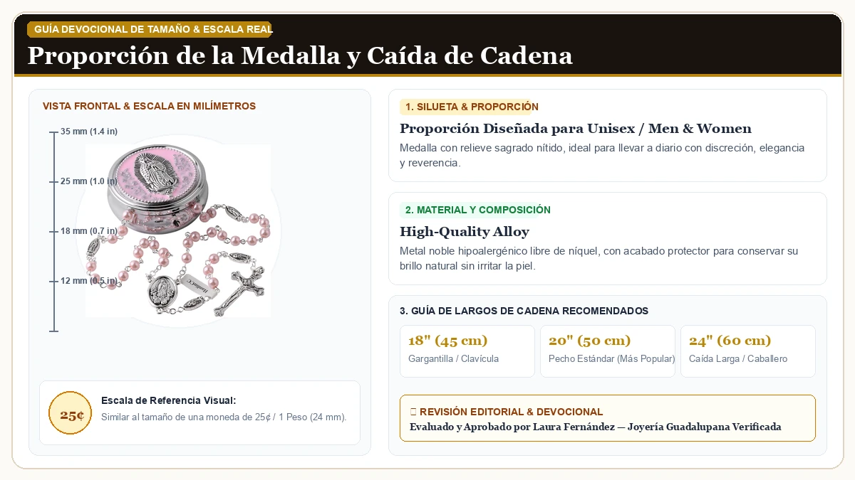 Infografía de escala y medidas en milímetros: HanlinCC 6mm Glass Pearl Beads Católico Virgen de Guadalupe Rosar en Aleación Metálica Resistente Libre de Níquel con guía de tamaño y largo de cadena