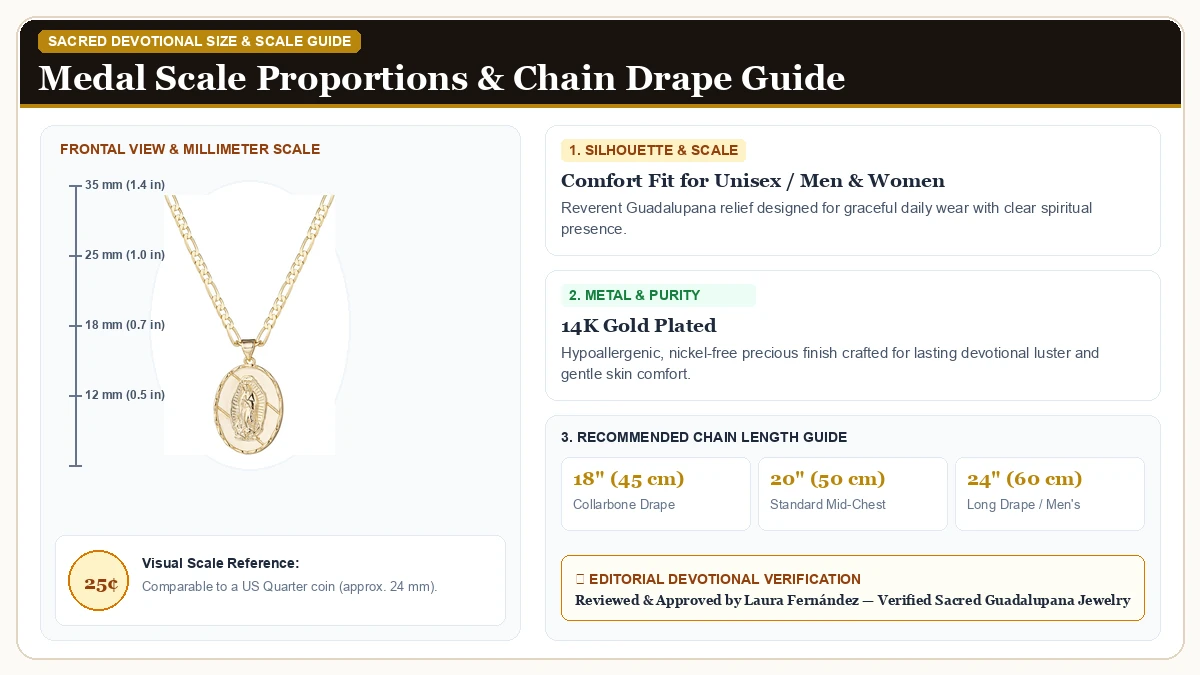 Size and millimeter scale measurement infographic: kelistom 14K Gold Plated Virgin Mary Guadalupe Pendant Necklace f in 14K Gold Plated Brass with chain drape guide