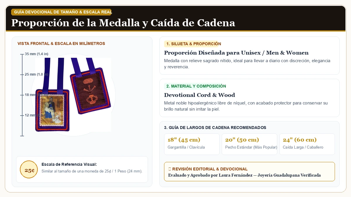 Infografía de escala y medidas en milímetros: Scapulars Católico,Purple Escapulario of Benediction y Protección en Cordón Devocional y Madera Sagrada con guía de tamaño y largo de cadena