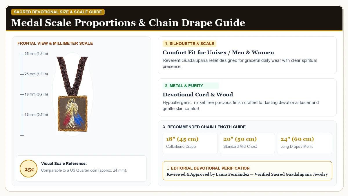 Size and millimeter scale measurement infographic: GCK Our Lady of Guadalupe Divine Mercy Corded Brown Scapular Neck in Devotional Cord & Wood with chain drape guide