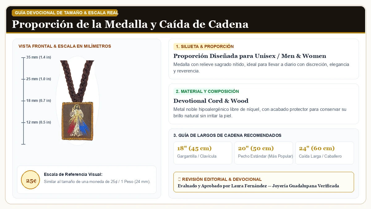 Infografía de escala y medidas en milímetros: GCK Virgen de Guadalupe Divine Mercy Corded Brown Escapulario Col en Cordón Devocional y Madera Sagrada con guía de tamaño y largo de cadena