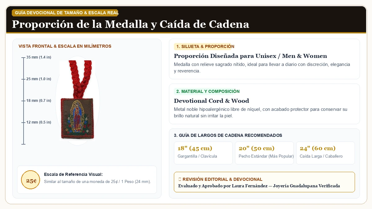 Infografía de escala y medidas en milímetros: Virgen de Guadalupe Corded Red Escapulario Collar Escapulario Roj en Cordón Devocional y Madera Sagrada con guía de tamaño y largo de cadena