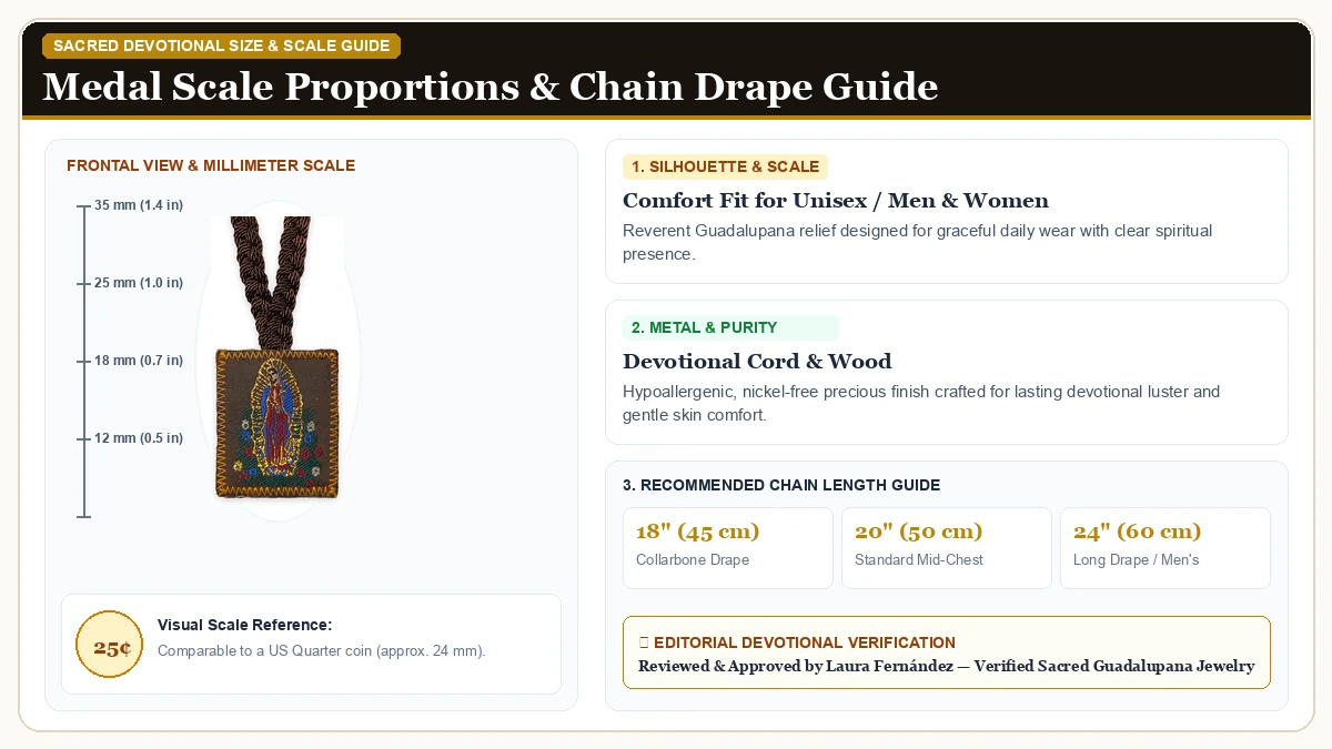 Size and millimeter scale measurement infographic: Our Lady of Guadalupe Corded Brown Scapular Necklace Scapular Caf in Devotional Cord & Wood with chain drape guide