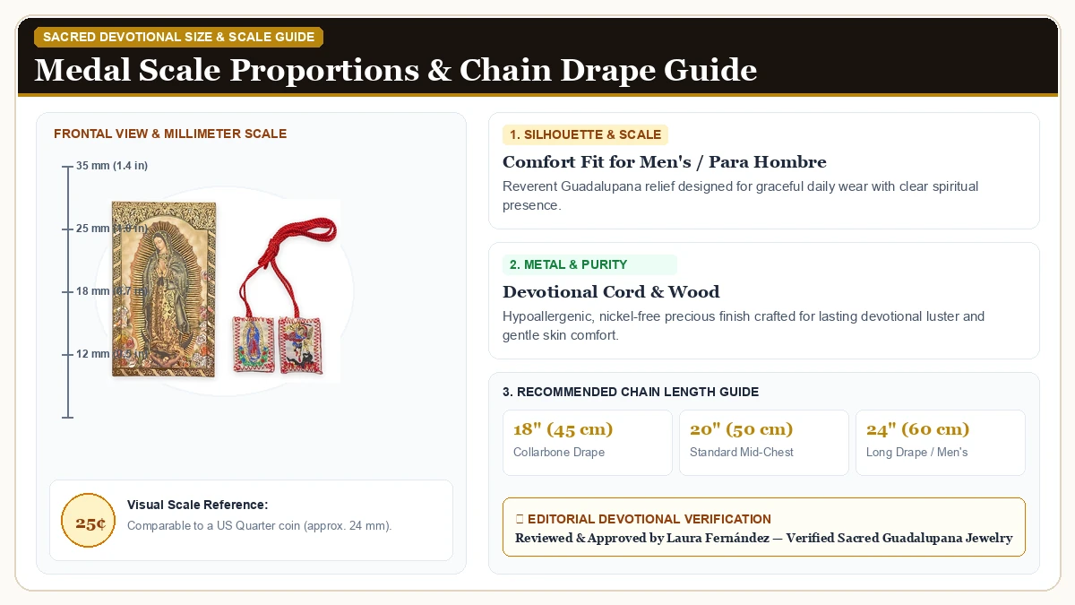 Size and millimeter scale measurement infographic: Our Lady of Guadalupe Tarjeta de Oracion con Scapular Our Lady of in Devotional Cord & Wood with chain drape guide