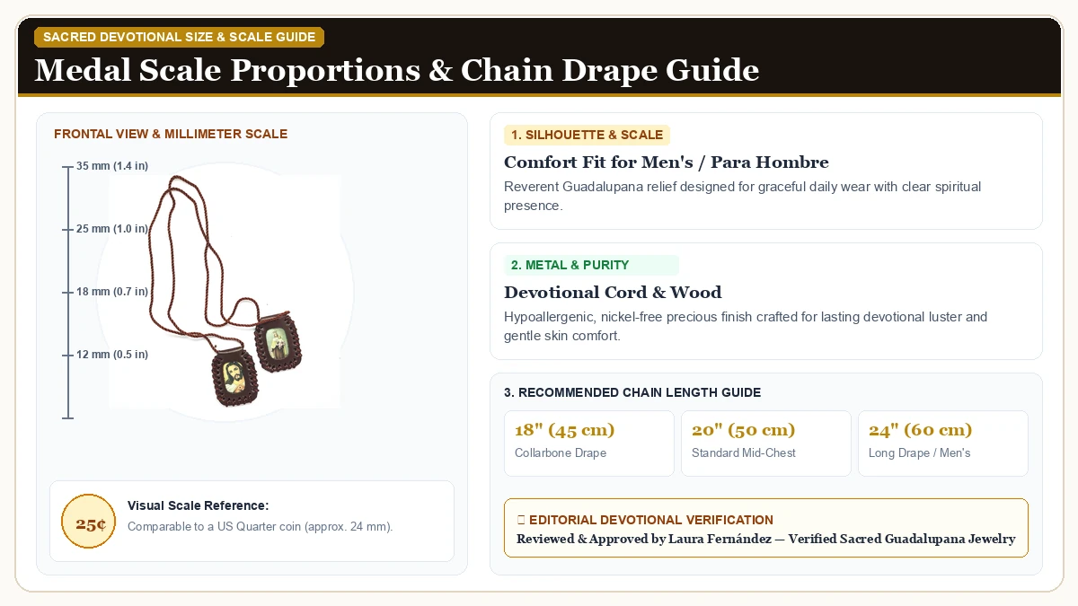 Size and millimeter scale measurement infographic: Scapular en Cuero sagrado Corazon, Virgen del Carmen, Our Lady of in Devotional Cord & Wood with chain drape guide