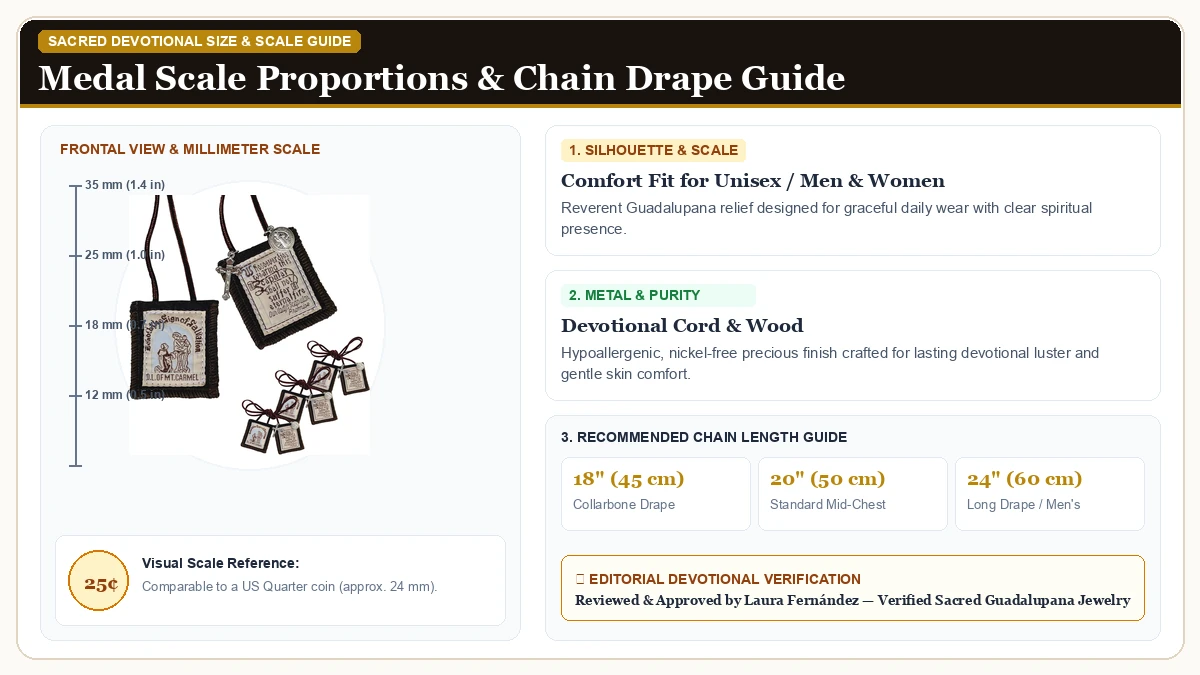 Size and millimeter scale measurement infographic: Scapulars Catholic, 3 Pack Bulk Brown Scapular Of Our Lady Of Mou in Devotional Cord & Wood with chain drape guide