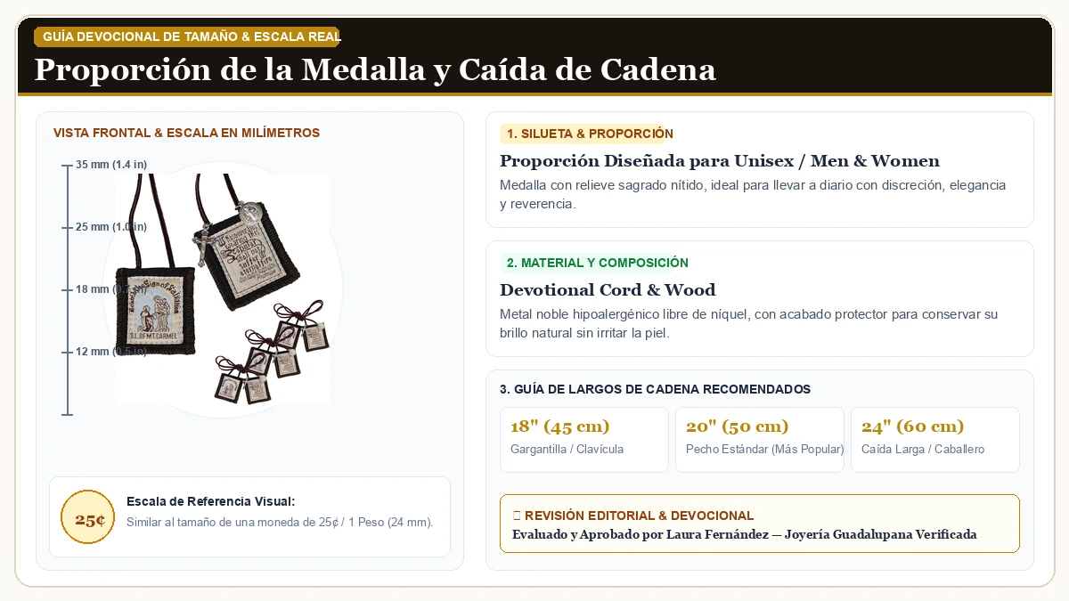 Infografía de escala y medidas en milímetros: Scapulars Católico, 3 Pack Bulk Brown Escapulario Of Our Lady Of  en Cordón Devocional y Madera Sagrada con guía de tamaño y largo de cadena