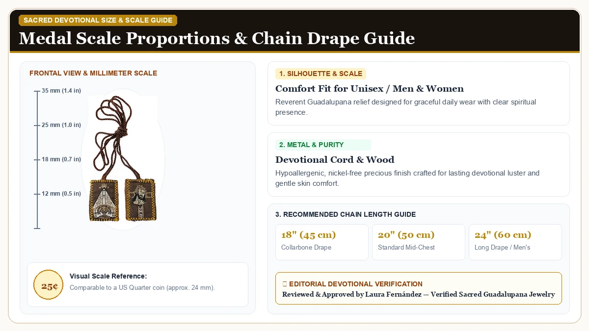 Size and millimeter scale measurement infographic: Our Lady of Juquila Virgin Mary Brown Scapular Necklace Scapular  in Devotional Cord & Wood with chain drape guide