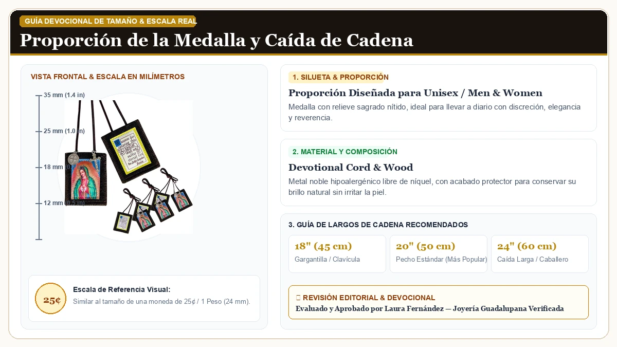 Infografía de escala y medidas en milímetros: Scapulars Católico,3 Pack Bulk Brown Escapulario Of Virgen De Gua en Cordón Devocional y Madera Sagrada con guía de tamaño y largo de cadena