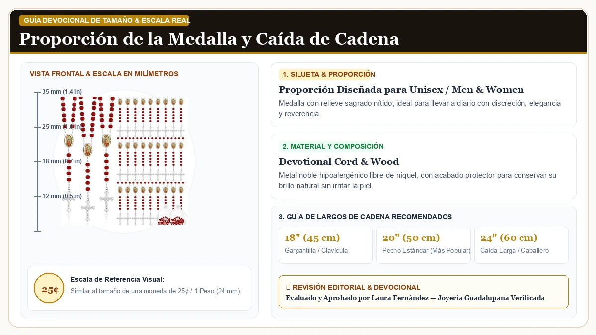 Infografía de escala y medidas en milímetros: Taiyin Wooden Bead Rosary Collar con Crucifix y Virgen de Guadalu en Cordón Devocional y Madera Sagrada con guía de tamaño y largo de cadena