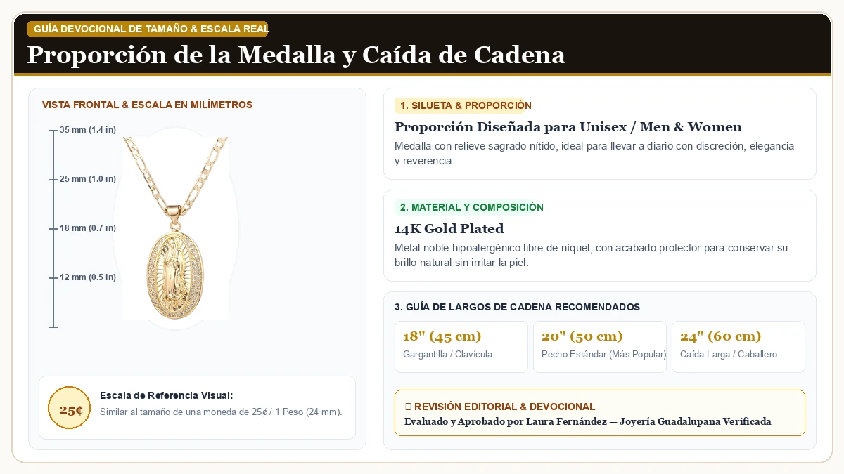 Infografía de escala y medidas en milímetros: 14K Oro Plated Guadalupe Virgen María Medalla Colgante Collar par en Chapa de Oro de 14K de Alta Calidad con guía de tamaño y largo de cadena