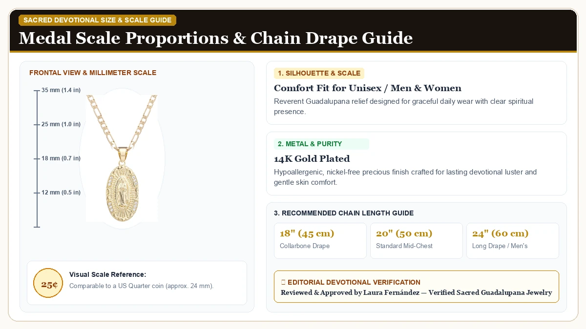 Size and millimeter scale measurement infographic: 14K Gold Plated Guadalupe Virgin Mary Oval Zircon Inlay Pendant N in 14K Gold Plated Brass with chain drape guide