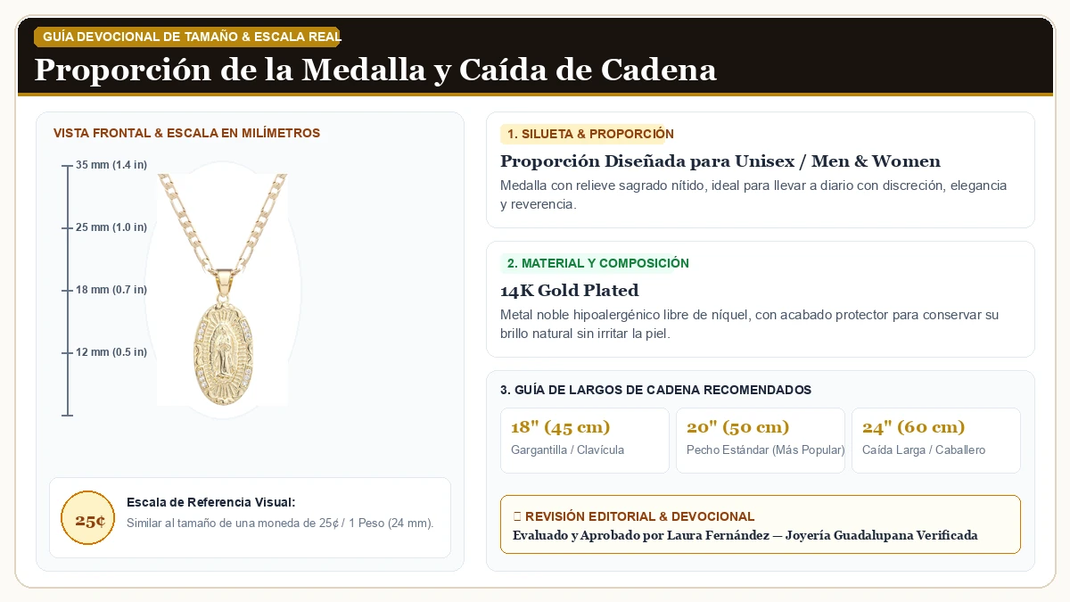 Infografía de escala y medidas en milímetros: 14K Oro Plated Guadalupe Virgen María Oval Zircon Inlay Medalla C en Chapa de Oro de 14K de Alta Calidad con guía de tamaño y largo de cadena