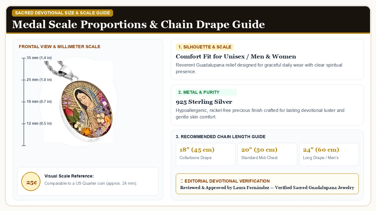 Size and millimeter scale measurement infographic: Virgin Mary Necklace Lady of Guadalupe Pendant 925 Sterling Silve in 925 Sterling Silver with chain drape guide