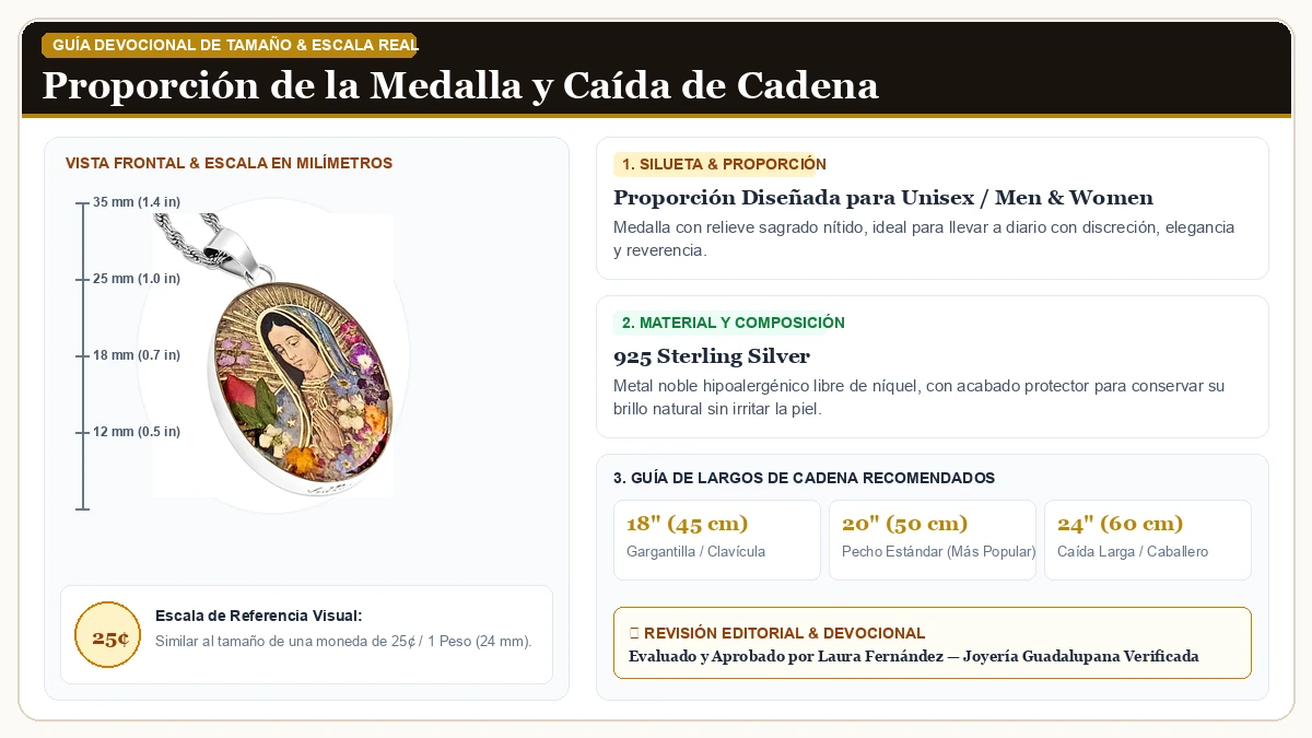 Infografía de escala y medidas en milímetros: Virgen María Collar Virgen de Guadalupe Medalla Colgante 925 de L en Plata de Ley 925 Esterlina con guía de tamaño y largo de cadena